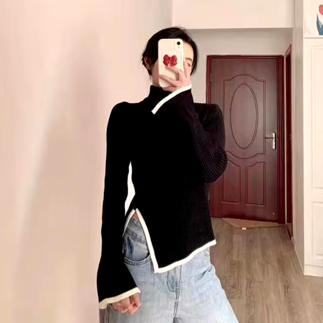 Turtleneck Sweater Women – Knit with Side Slit & Flare Sleeves